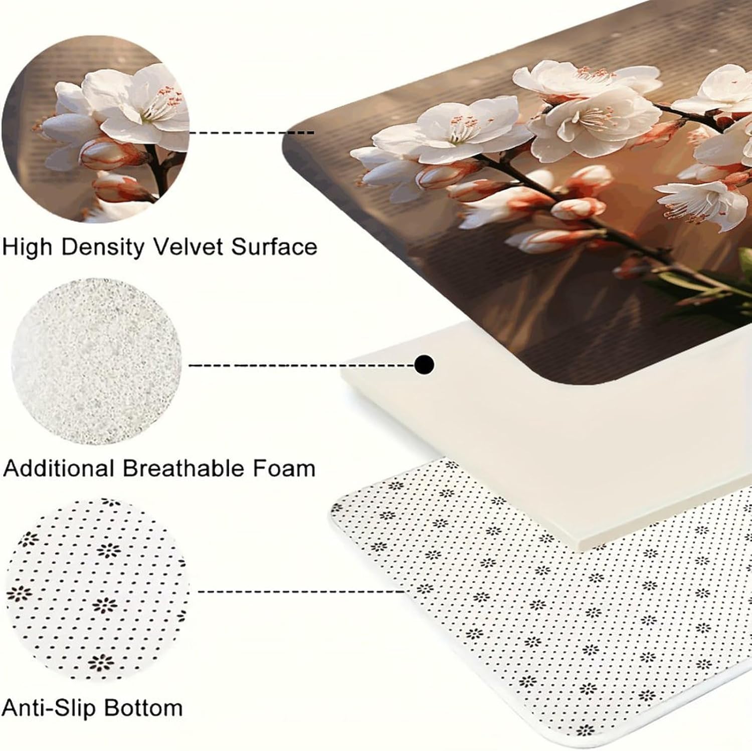 A Peach Blossom Kitchen Rugs Set of 3 Non Slip Washable Kitchen Mats for Floor Soft Area Rug Kitchen Floor Mat Cushioned Anti Fatigue Mats Standing Sink Mat Decor Runner Rugs