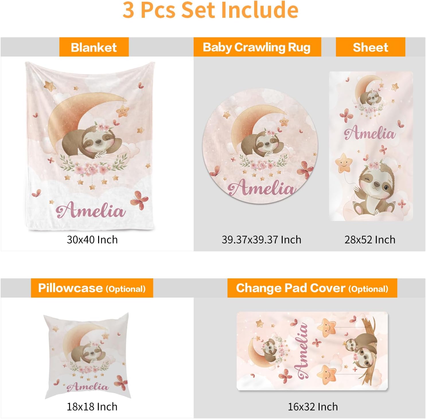 Custom Baby Crib Bedding Set - Moon Animal Personalized Name Nursery Bed 3 Pcs Set - Chic Soft Blanket, Sheet, Crawling Rug for Newborns Boys Girls Gifts Color15-Sloth