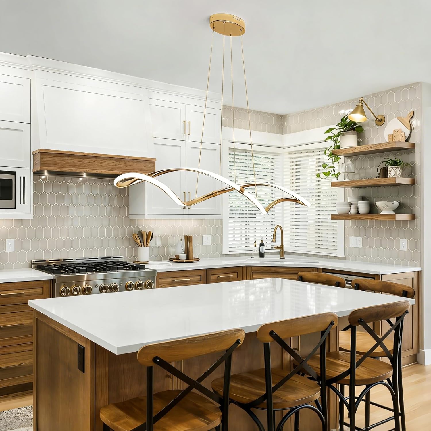 39 Inch Modern LED Pendant Light, Remote Control Dimmable Adjustable Height, DIY Kitchen Island Lighting & Dining Room Chandelier, Gold Plated Energy Saving Linear Chandelier