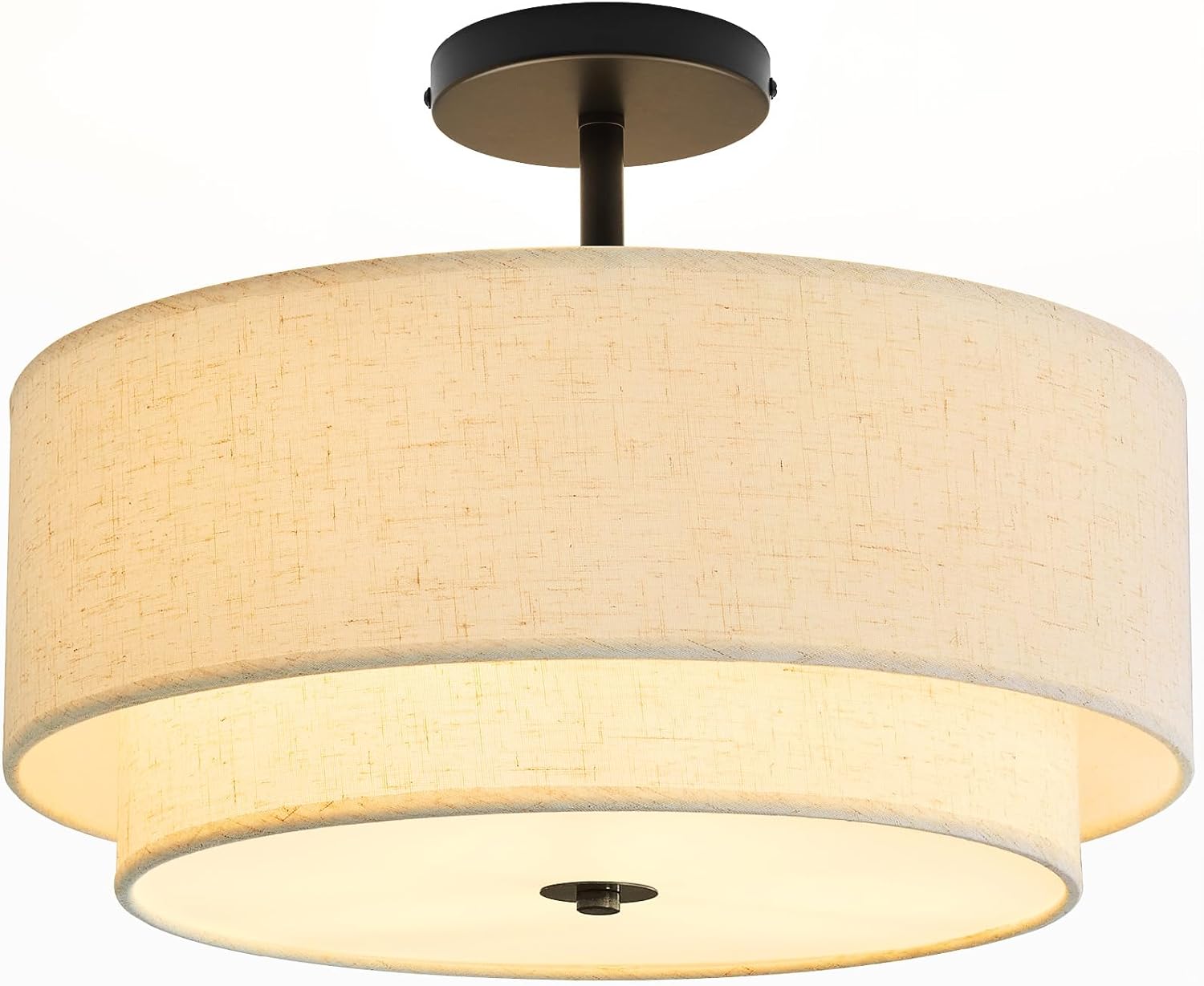 3 Light Double Drum Semi Flush Mount Ceiling Light, Close to Ceiling Light Fixture, 16 Inch with Fabric Linen Shade, Black Brass, for Living Room, Bedroom, Dining Room,Hallway and Entryway