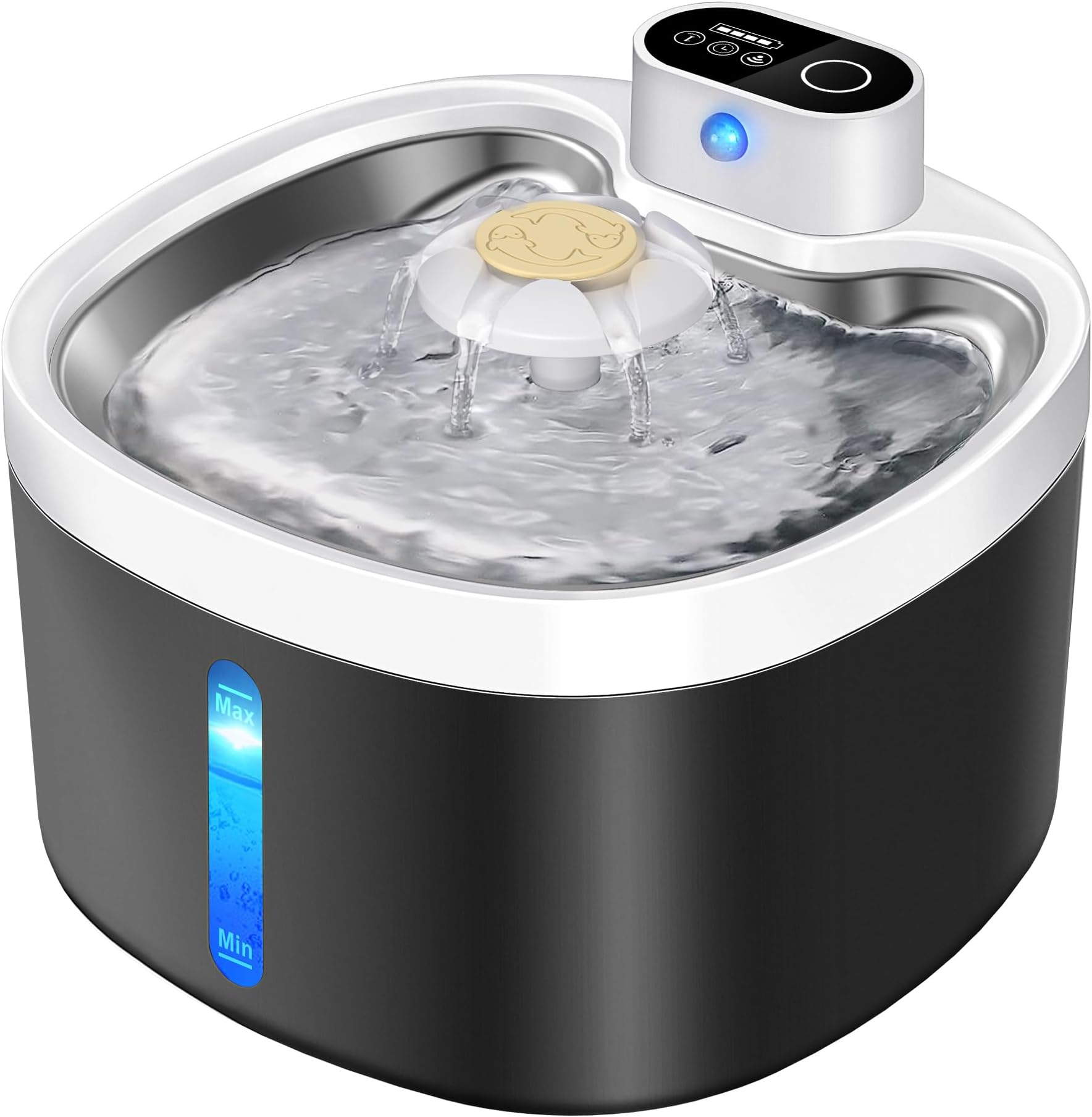 Pet Fountain 88oz/2.6L, Automatic Cat Water Smart Fountain Pet Water Dispenser with Replacement Filters for Cats Dogs and Multiple Pets - Water Level Window (White&Black, Stainless Steel, Wireless)