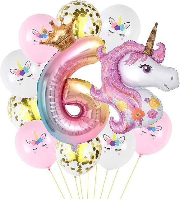 6th Unicorn Balloons, 6th Birthday Decorations Girl, Number 6 Foil Balloon Gradient Balloons for Girls Unicorn Birthday Decorations