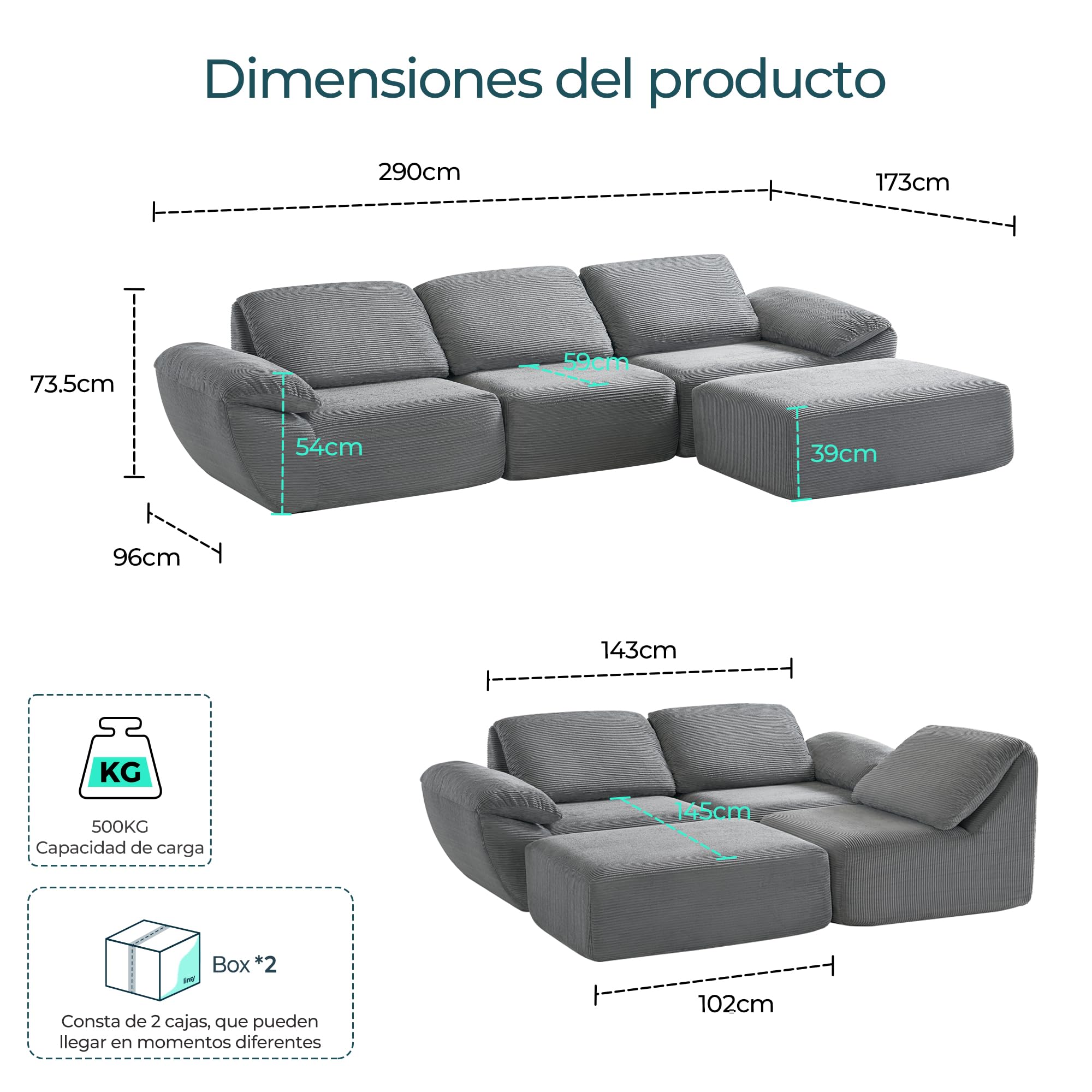 LINSY Home Sofá Cama esquinero con función de sueño, 290 cm, Modular, en Forma de L, Incluye otomana, salón, Noches de televisión o para Pasar la Noche de Invitados (Gris)