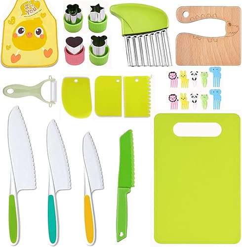 Miniatura 1 de Juego de 16 cuchillos para niños para cocinar de madera real, juego de cuchillos para niños pequeños para cortar cuchillos de cocina de plástico