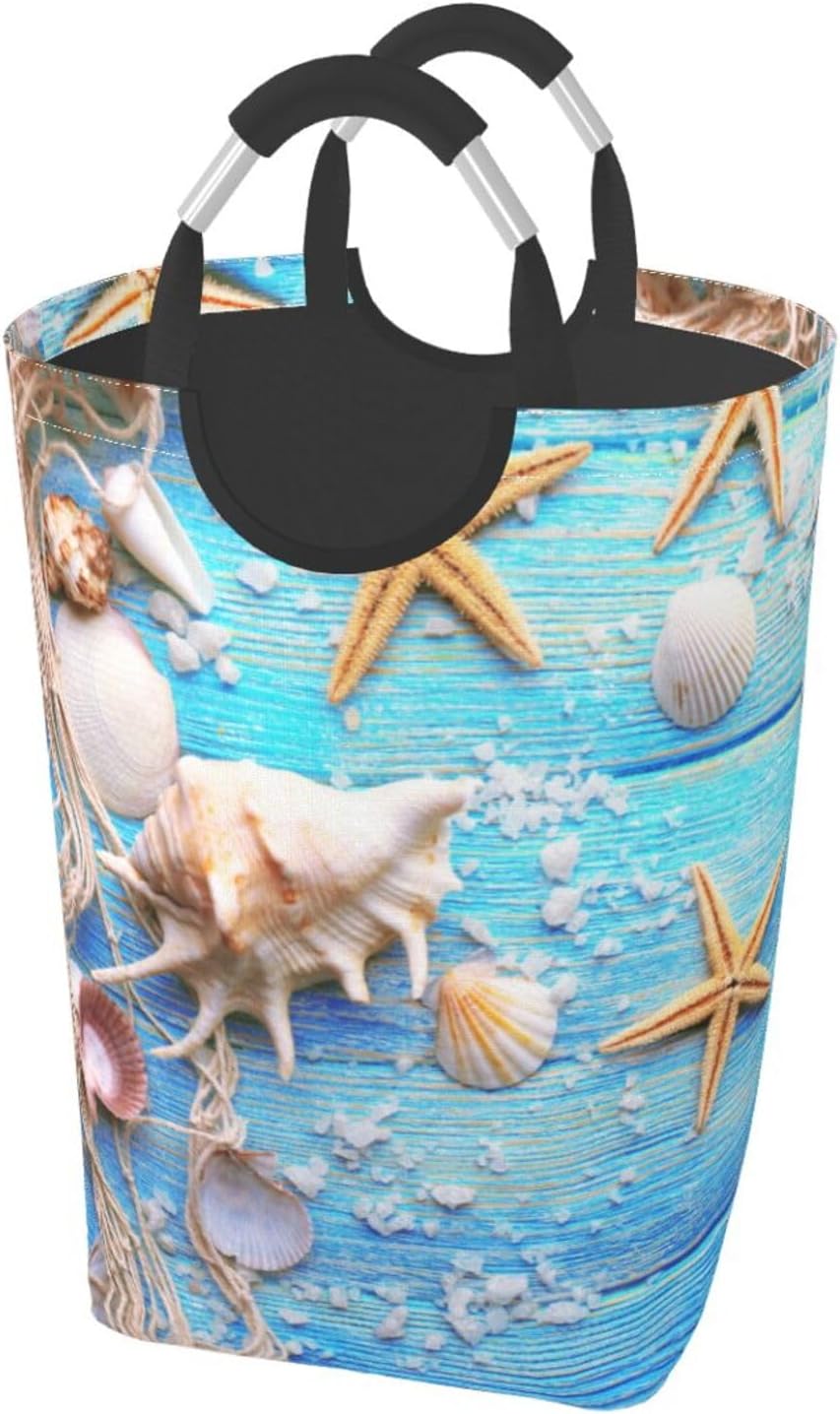 Beach Wooden Starfish Laundry Basket Seashell Laundry Hamper Blue Collapsible Baskets with Handle Laundry Bag Dirty Clothes Hamper Bag for Dorm Family Bathroom Decor Storage 50L