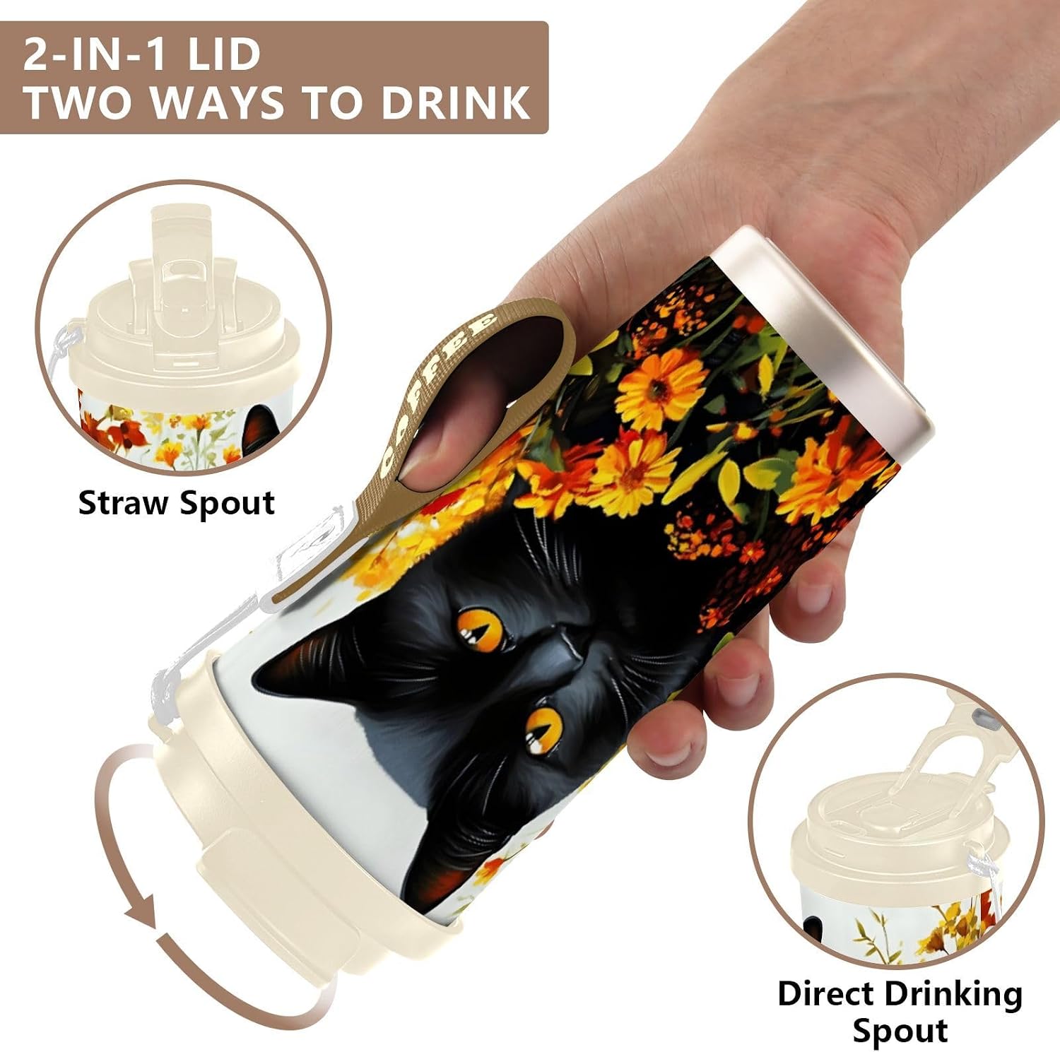 Cat Black Colors Floral Insulated Coffee Mug with Straw & Flip Lid, 16.9oz Iced Tumbler Cup, Double Wall Vacuum Mug for Travel Office