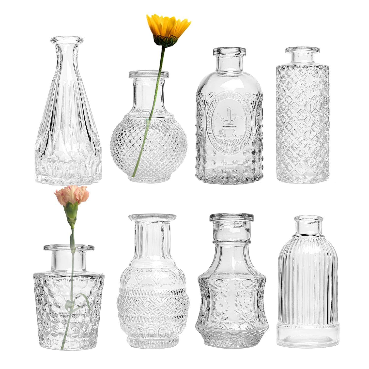 Juego de 8 jarrones de cristal para flores, pequeños jarrones a granel, jarrones vintage transparentes para centros de mesa, jarrones de cristal en relieve modernos para bodas, hogar, oficina