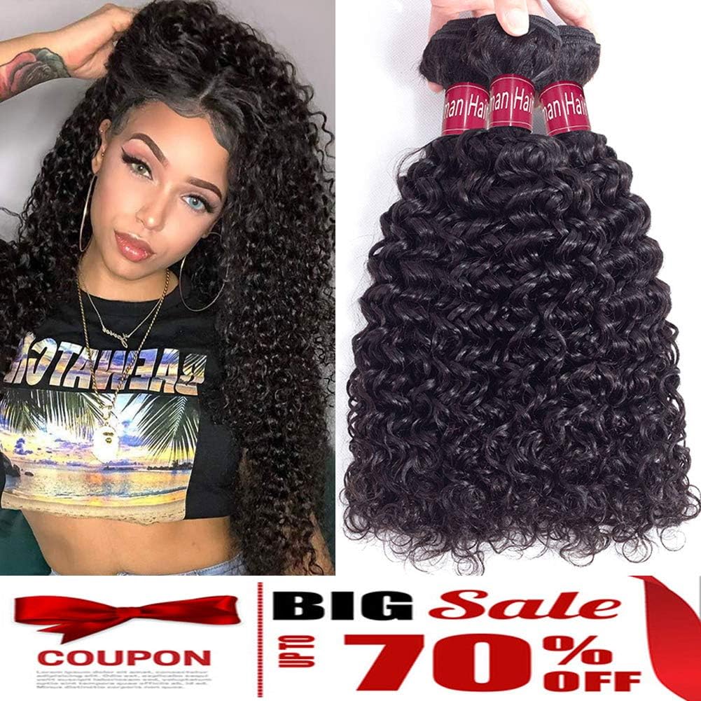 Brazilian Curly Hair Weave 3 Bundles(10 12 14 total 300g) Virgin Kinky Curly Weave Hair Human Hair 8A Unprocessed Hair Bundles Natural Color