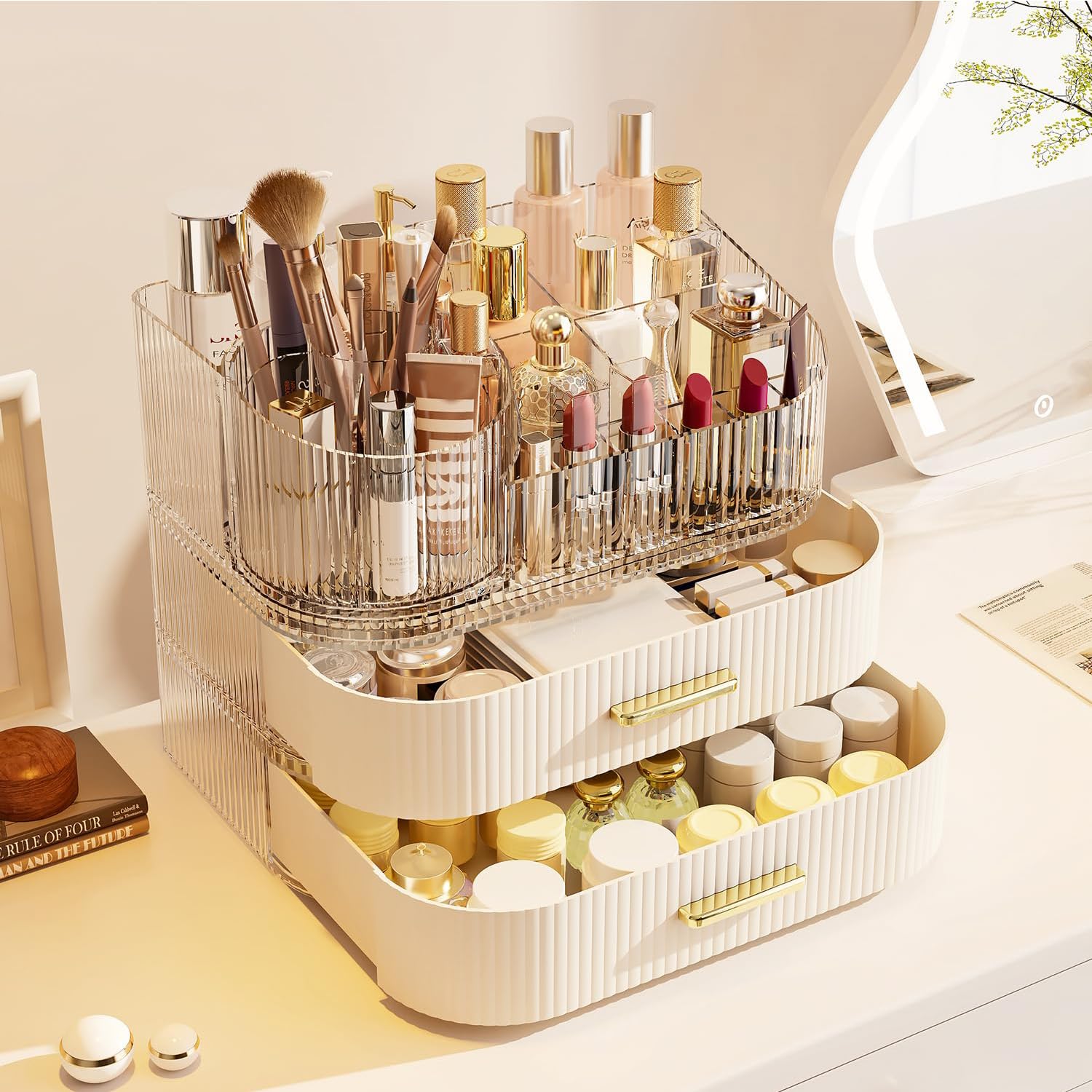 Make-up Organizer mit 2 Schubladen, 360 Grad drehbarer Make-up-Pinselhalter, 27,9 cm breit, groß, stapelbar, Kosmetik-Vitrine, Hautpflege-Organizer und Aufbewahrung für Kommode, Schminktisch