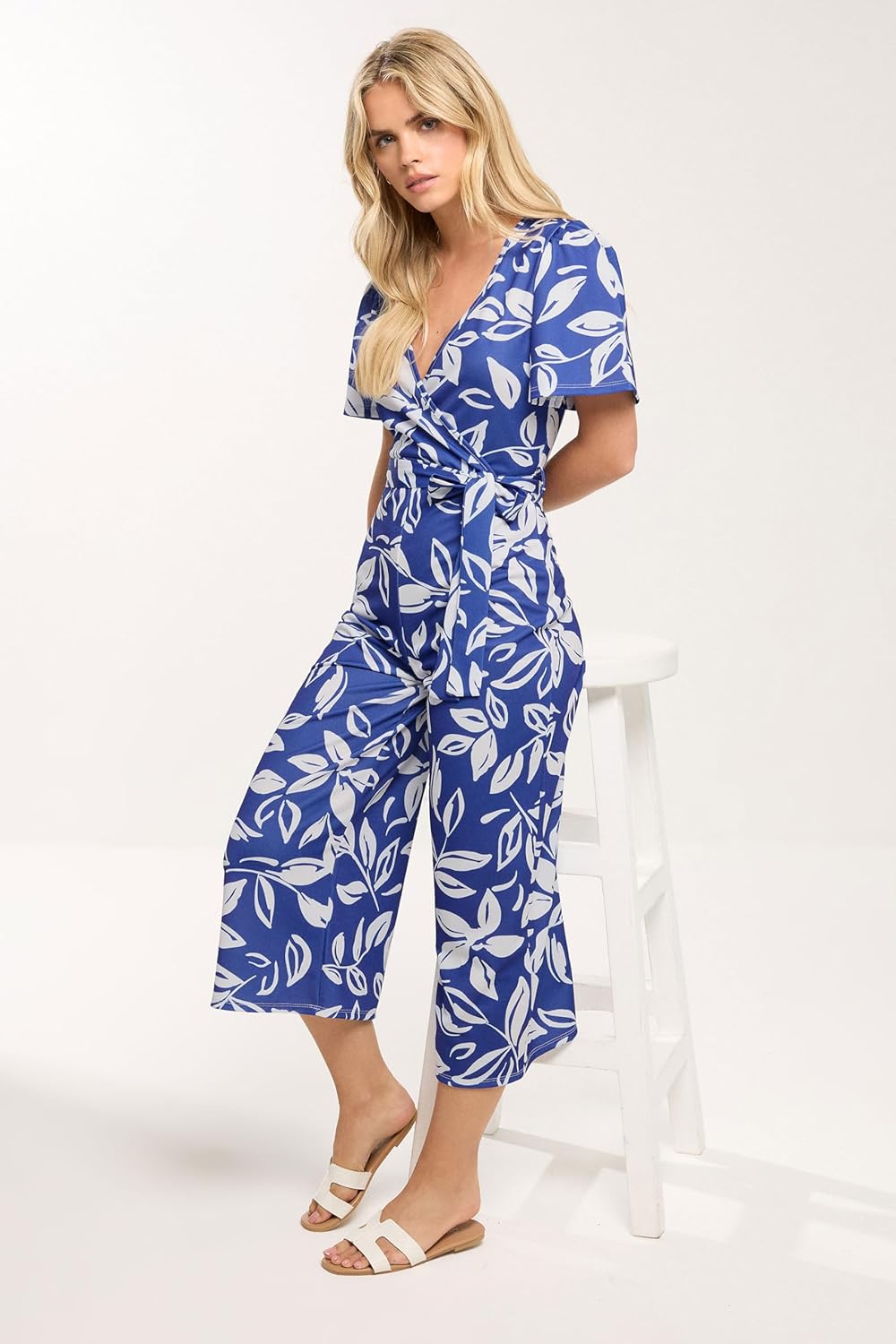 M&Co Petite Women's Leaf Print Jumpsuit Blue