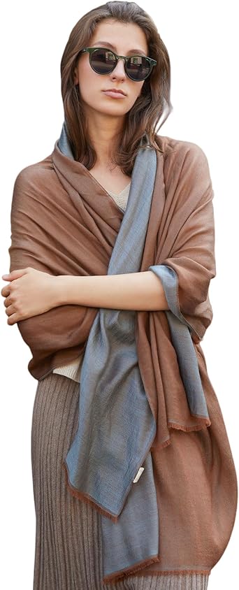 100% Cashmere Scarf Wrap, Reversible Two-Tone, Featherlight Thin, Oversized Fringed Shawl Stole, Travel All-Season