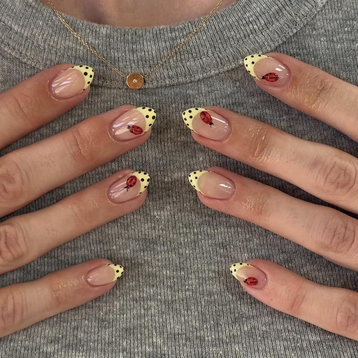 Short Almond Press On Nails - Ladybug & Polka Dot Tips