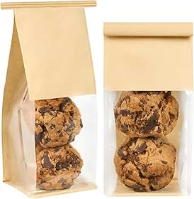 Ocmoiy Pacote com 50 sacos pequenos de padaria com janela, 10 x 9,5 x 24 cm, saco de embalagem para biscoitos, sacos de papel resseláveis para granola caseira, pipoca, doces, lanche