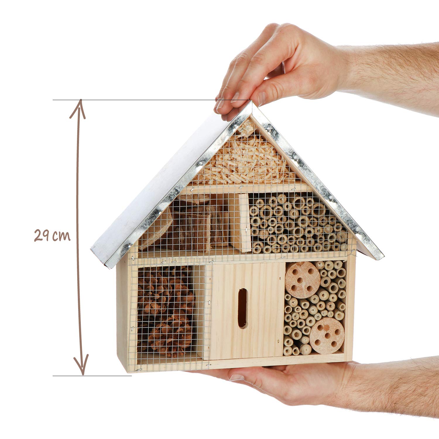 com-four® Hotel de Insectos de Madera - Hotel de Abejas para Insectos voladores, Mariquitas, Mariposas y Moscas - Casa de Insectos para Colgar (01 Pieza - 29x28x8cm)
