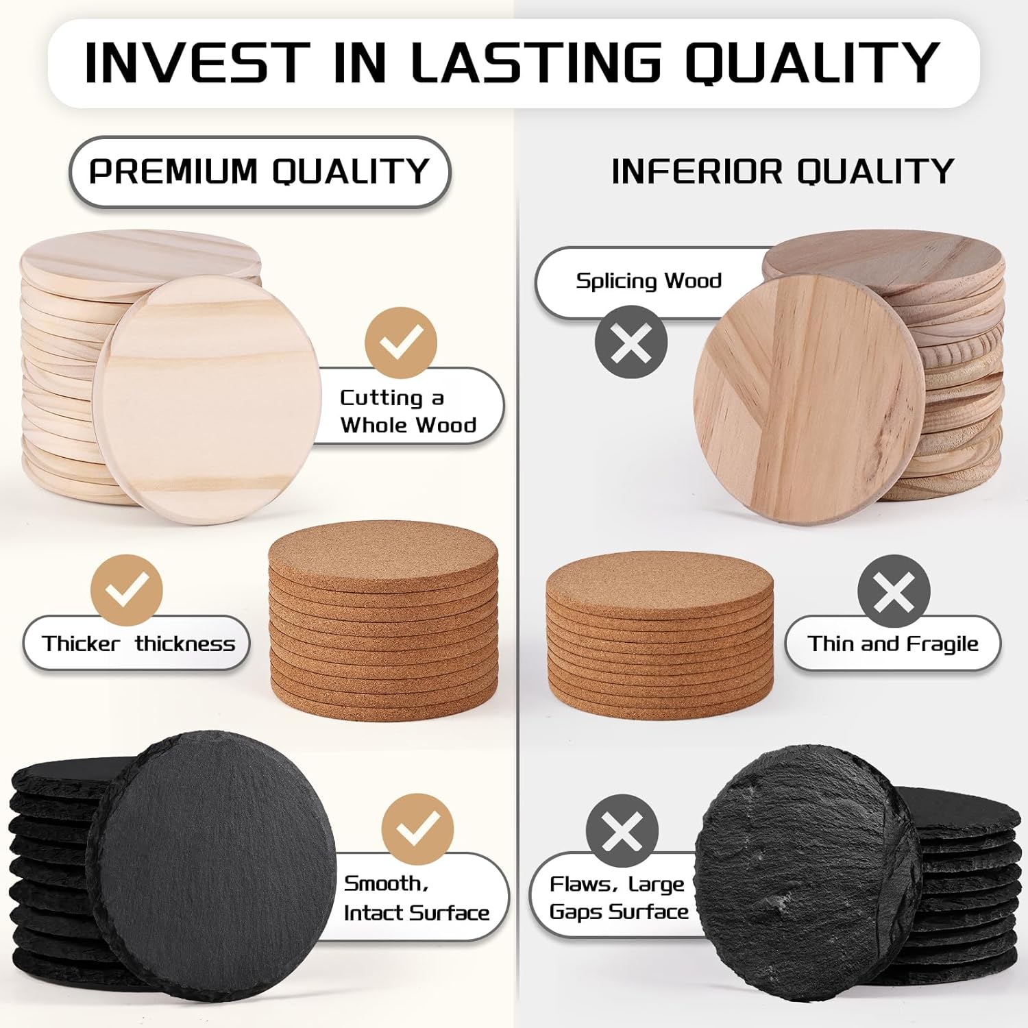 90 PCS Round Blank Coasters Bulk for Laser Engraving, MAPRIAL 4 Inch 100% Natural Black Slate Stone, Pine Wood, Cork, Engravable Materials for Engraver, Gifts, Crafts