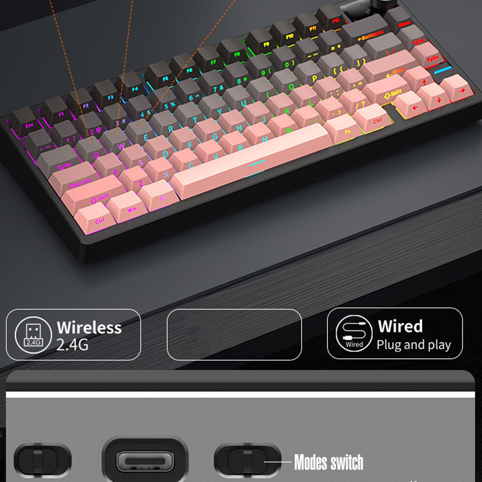 Asixxsix Tastiera da Gioco Meccanica, 3 modalità Wireless Bluetooth 2.4G Cablata con Batteria da 4000 MAh, Interruttori Sostituibili a Caldo, Copritasti PBT a 79 Tasti, (Rosa)