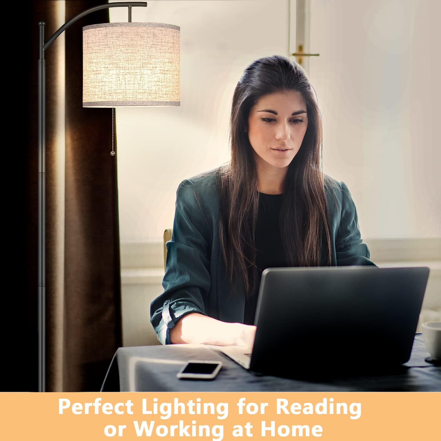JOOFO Floor Lamp, Standing Floor Lamp with 9W LED Bulb and Hanging Lampshade, Pull Chain Switch, 3 Color Temperatures Floor Lamp for Living Rooms, Bedrooms, Black
