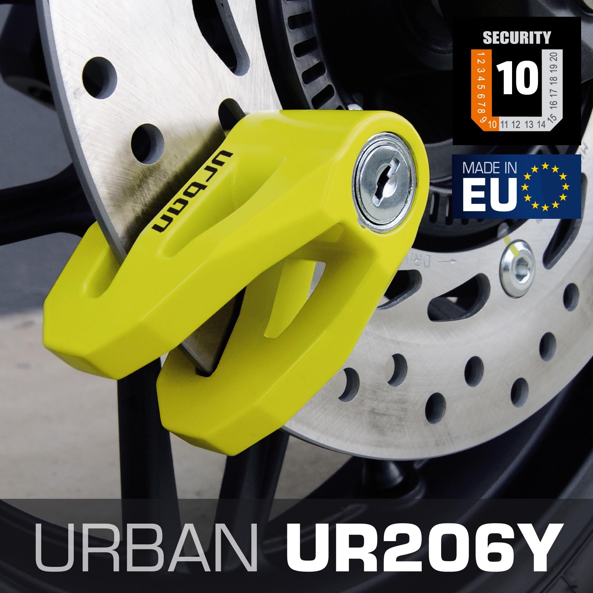 URBAN UR206Y Kłódka Blokada Tarczy Motocyklowej Motocykl Skuter Rower, Zamek Lekka Konstrukcja Wyprodukowana w Europie, Żółty, 6 mm