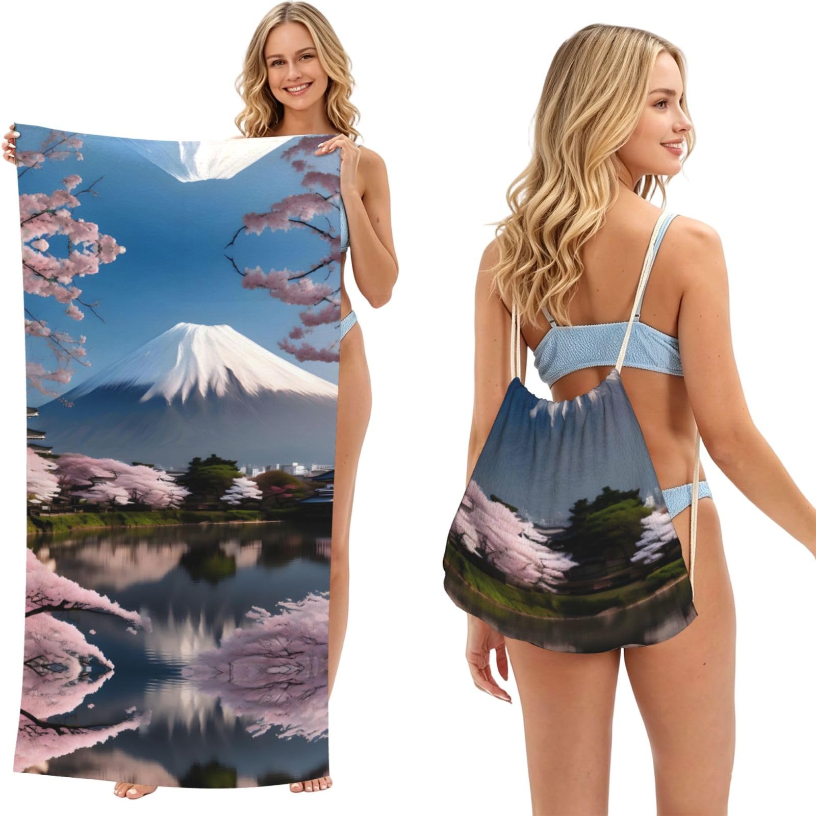 Mt. Fuji in early spring 2-in-1 Beach Towel Bag, Quick Dry Sand Free Travel Towel Backpack for Adults