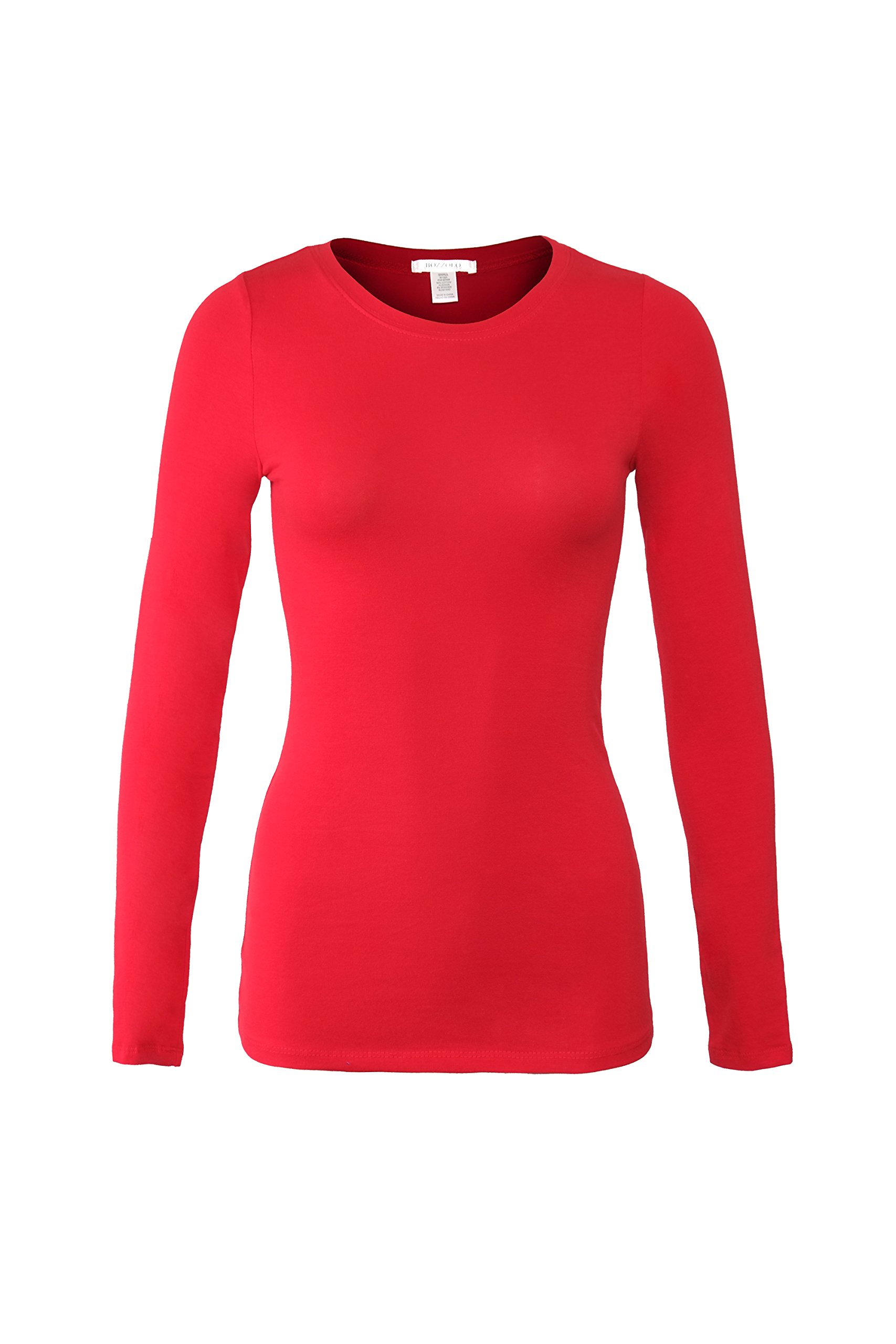 BozzoloWomen's Basic Round Neck Warm Soft Stretchy Long Sleeves T Shirt - Red -