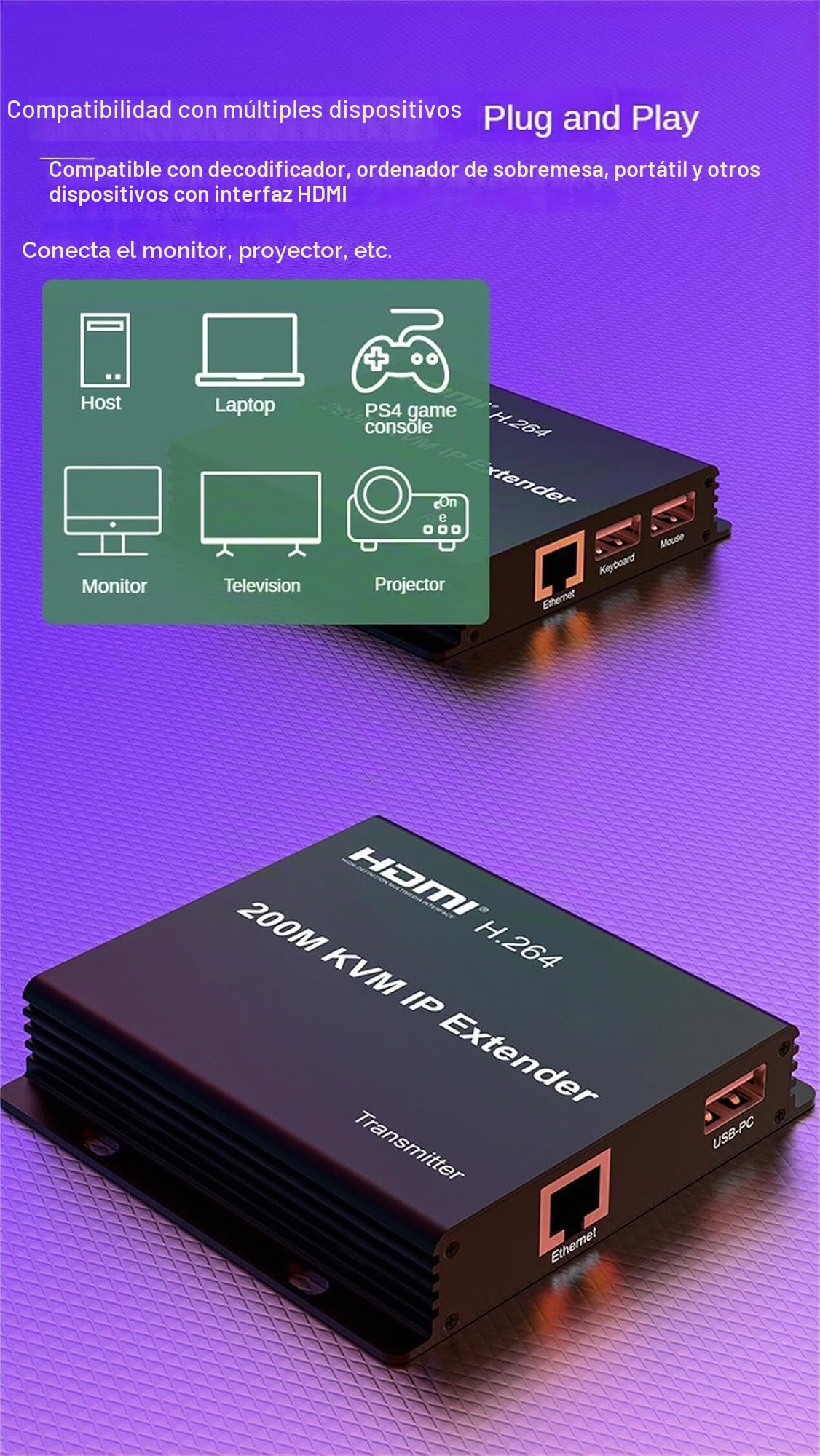 Extensor KVM IP de 200 m, un par de conmutadores multi – Gigabit a través de RJ45 Cat5e/6 1080p HDMI USB KVM Ethernet Extender para PC DVR Loptop soporte ratón teclado táctil (TX+RX)