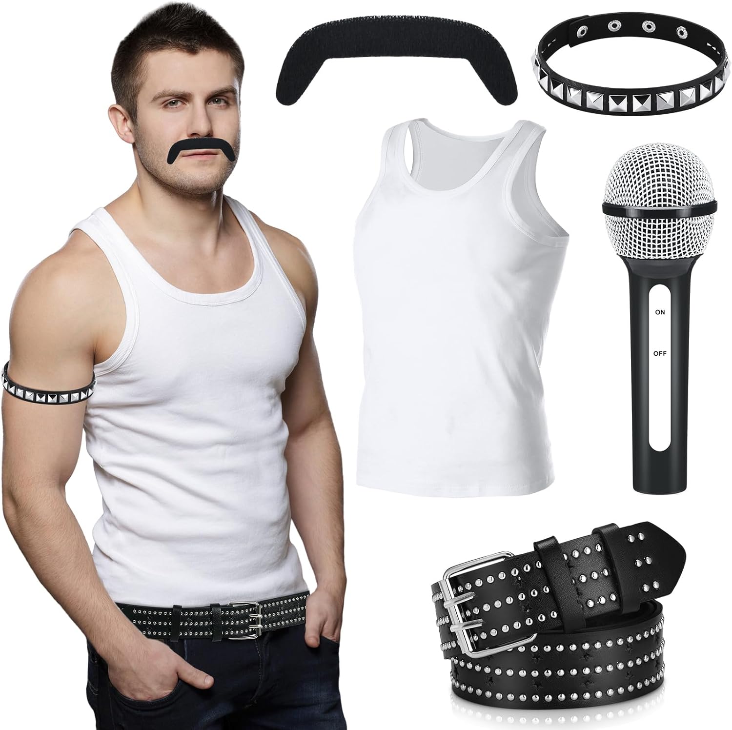 Mepase 5 Pcs Halloween Rock Star Costume Accessories for Men 80s Rock Costume Vest Microphone Belt Beard Arm Band for Cosplay