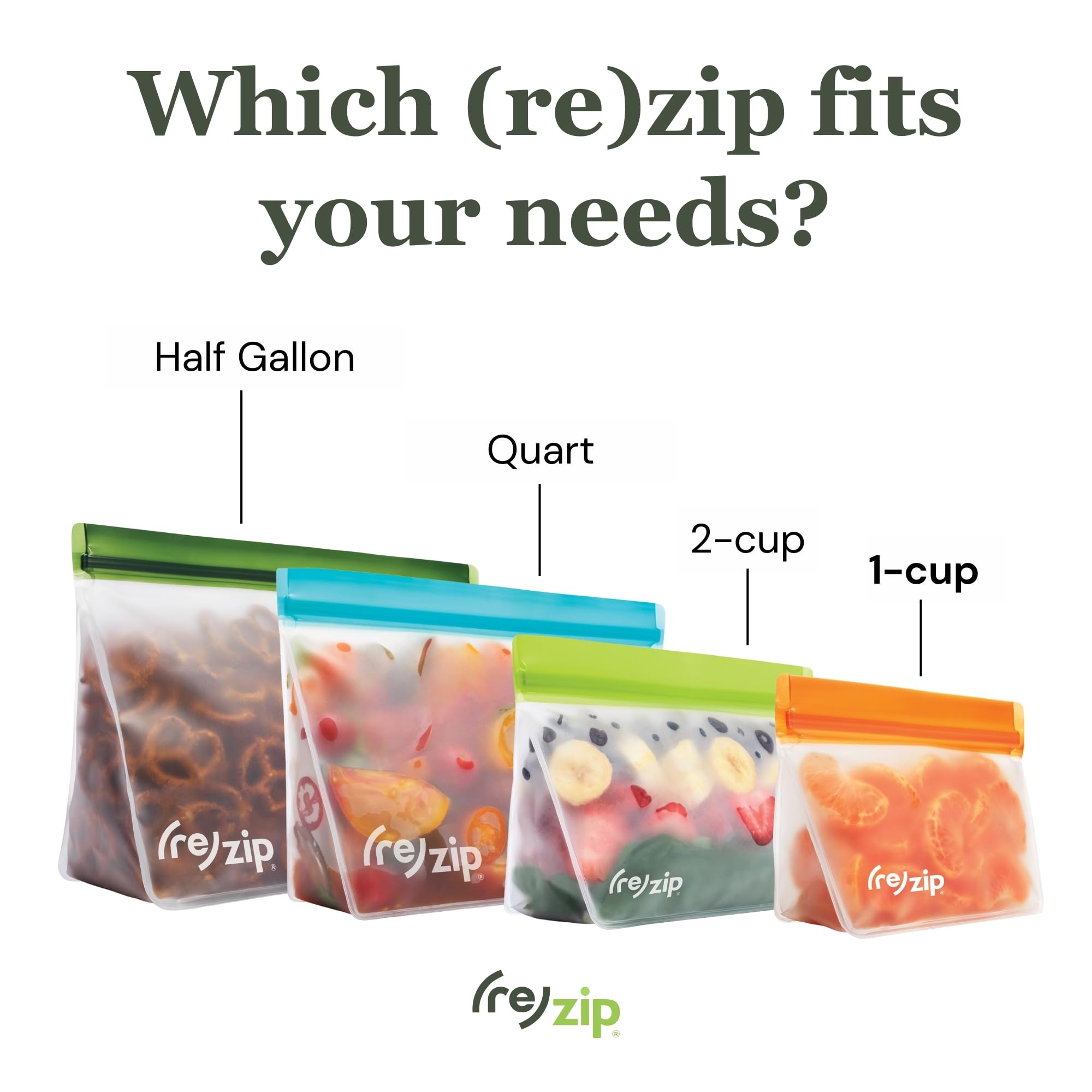 rezip, confezione da 5 sacchetti riutilizzabili per snack, senza BPA, per uso alimentare, a prova di perdite, adatti al congelatore e alla lavastoviglie, sacchetti da 1 tazza (multicolore)