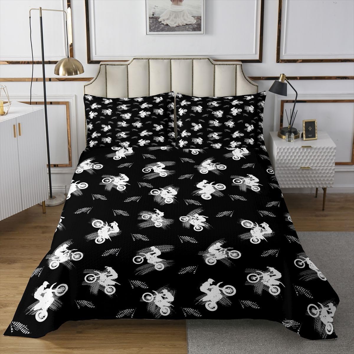 jejeloiu Dirt Bike Bedspread 3 Pieces King Size Motorcycle Racer Coverlet Set Soft Cozy Cool Motocross Lightweight Quilted Coverlet for All Season with 2 Pillowcases Motorcycle