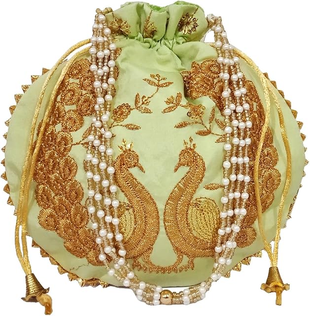 Purpledip Silk Potli Bag (Clutch, Drawstring Purse): Intricate Gold Thread & Sequin Peacock Embroidery Satchel For Women, Lime Green (11474C)