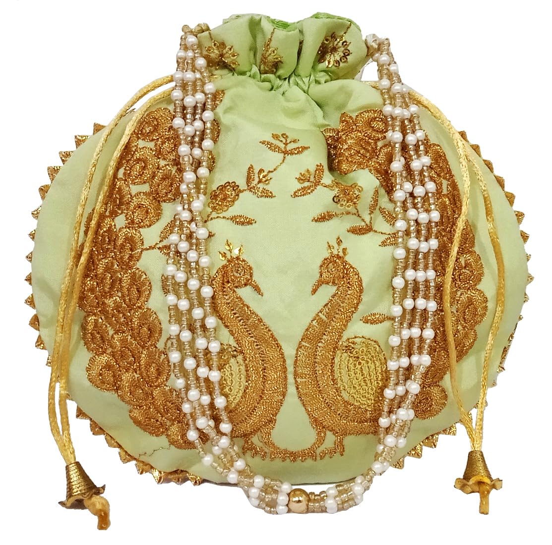Silk Potli Bag (Clutch, Drawstring Purse): Intricate Gold Thread & Sequin Peacock Embroidery Satchel For Women, Lime Green (11474C)-image-15