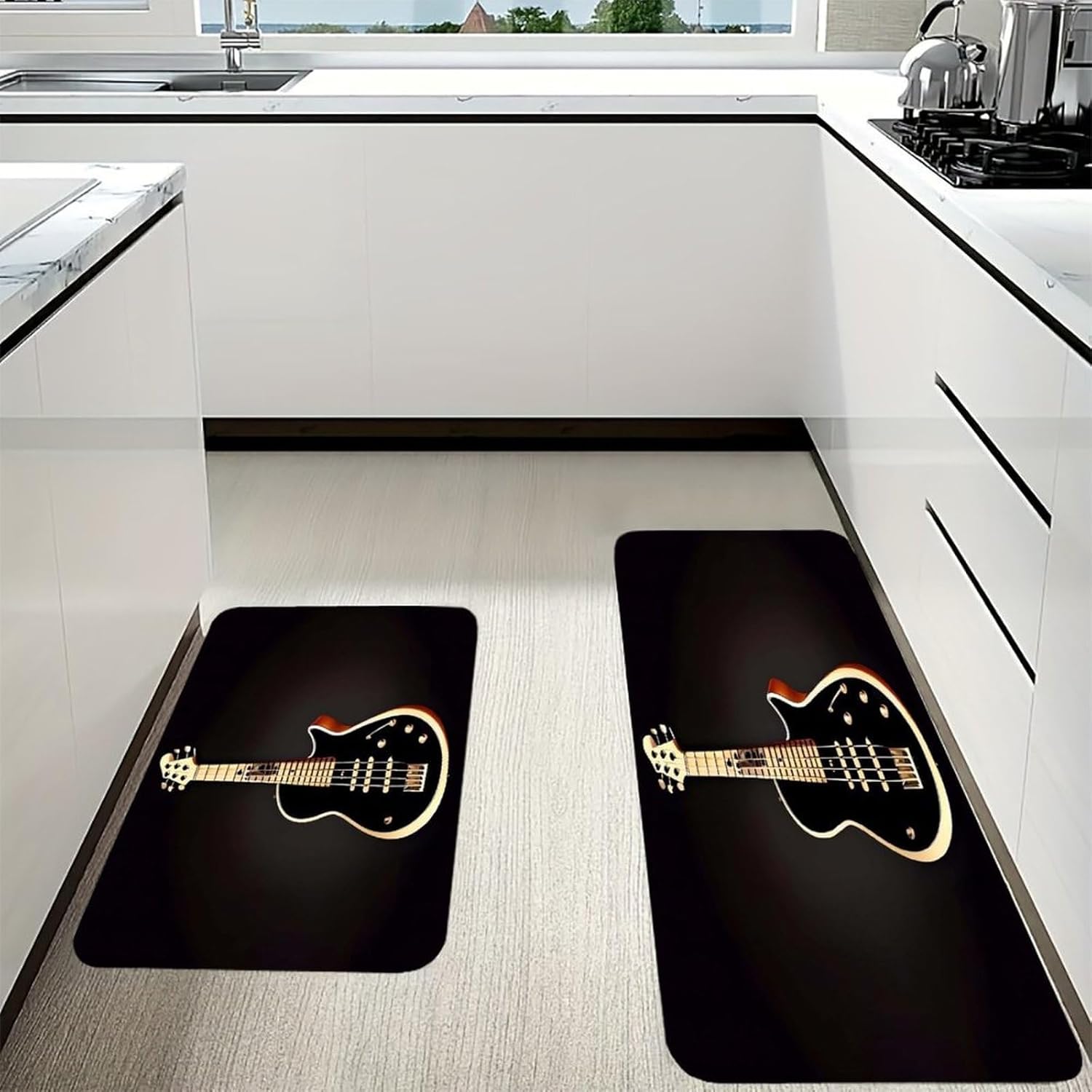 Black Guitar Kitchen Mat Set of 2 Ergonomic Comfort Velvet Rugs Cushioned Anti-Fatigue Non-Slip Standing Mats Thick Kitchen Floor Mat Carpet Runner Rugs 16"×24"+17"×47"