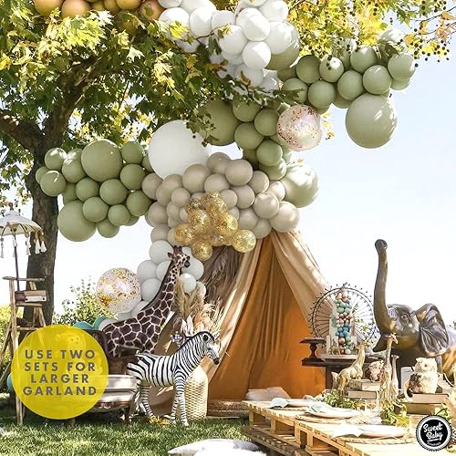 Miniatura 6 de Sweet Baby Co. Kit de guirnalda de globos verde salvia para arco neutro con oliva salvia mate, gris topo, blanco, dorado metálico, globos de confeti