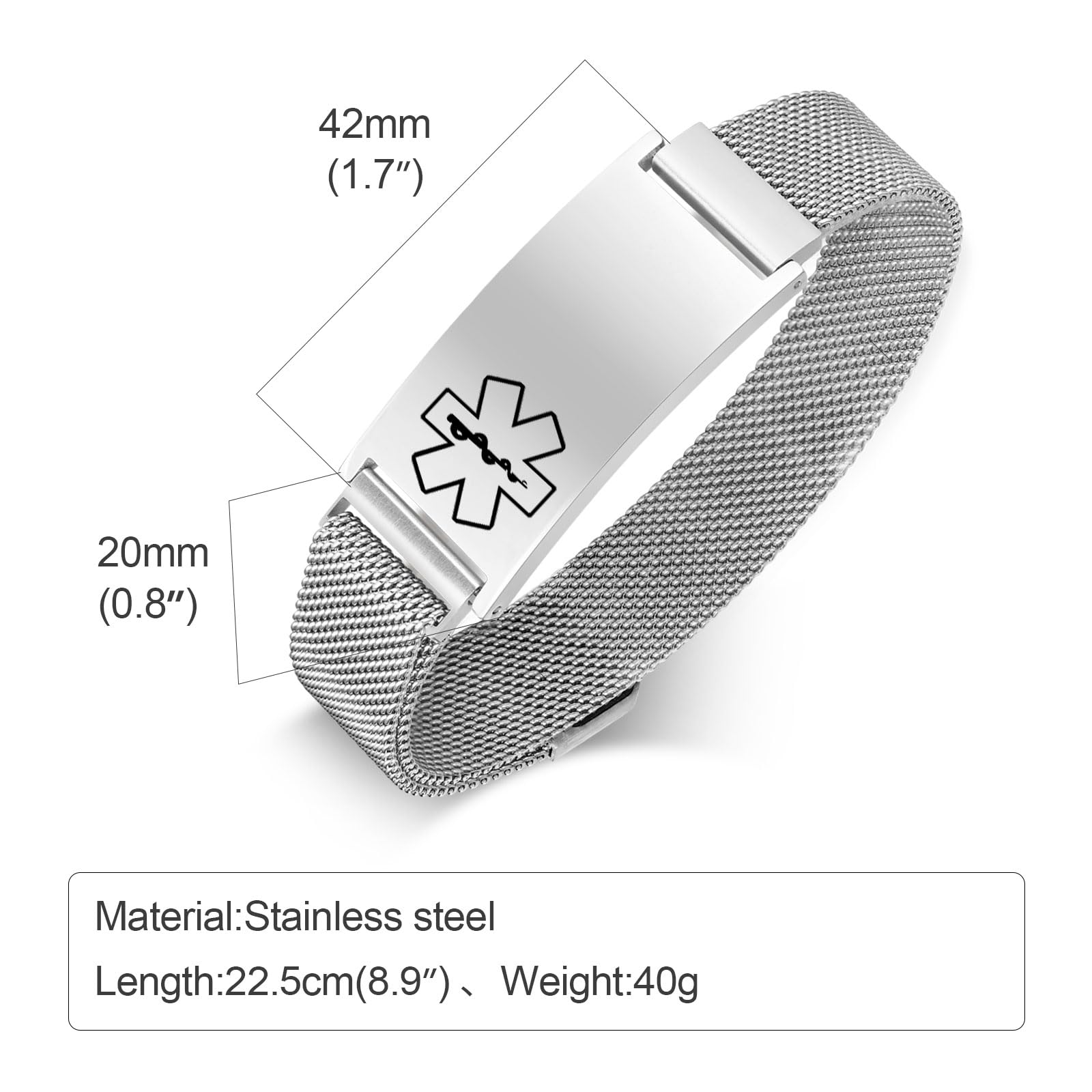 Bracelet d'urgence Alerte Médicale Personnalisé - SOS Bracelet de Sécurité Idenfication Maladie Contact Urgent Gravé, Bracelet Acier Inoxydable Manchette Réglable pour Femme Homme