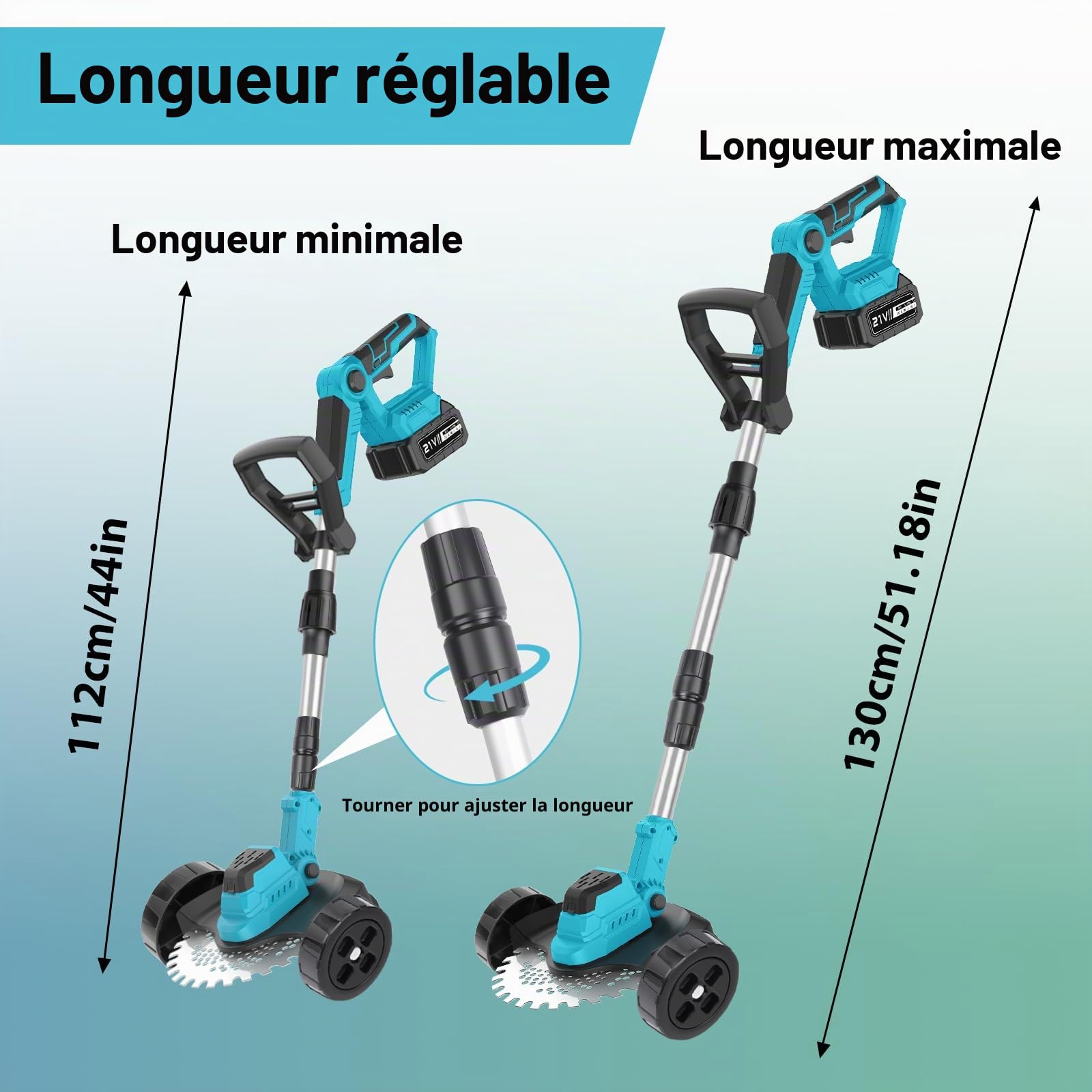 Coupe Bordure sans Fil avec 2 Batteries 4,0Ah, 21V Débroussailleuse Électrique sans Fil 1000W Brushless, 5000 TR/Min, 3 Lames, Manche Télescopique, Écran LCD et Roues pour Jardin et Pelouse