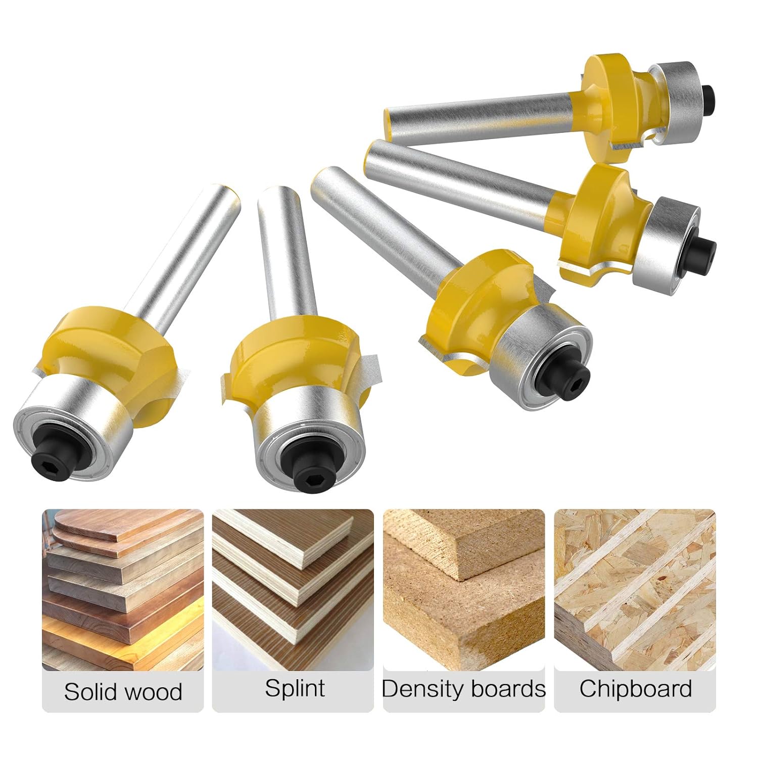 1/4 Inch Shank Roundover Edging Router Bit Set Corner Rounding Edge Forming Roundover Beading Router Bit Set (1/8" Radius 5Pcs)