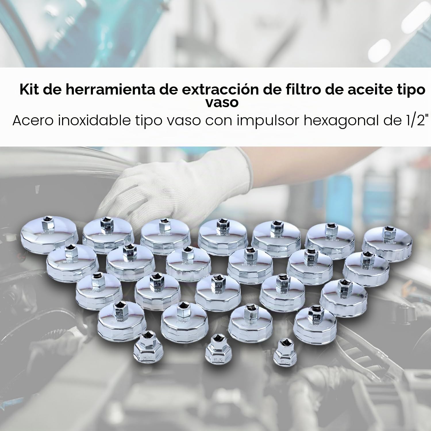 TOPWAY 25 PCs 1/2" Juego de Vasos para Llaves de Filtro de Aceite, Acero Inoxidable Herramientas de Extracción Llave de Filtro de Aceite Tipo Taza para Reparación de Automática