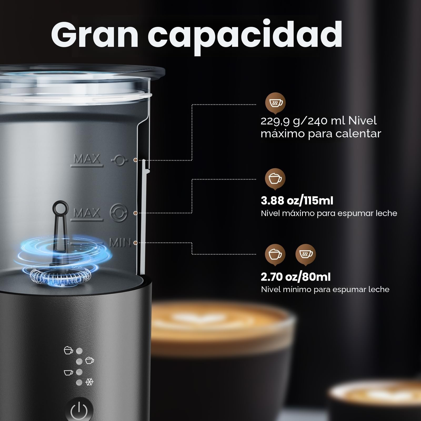 Morpilot Espumador de Leche Eléctrico 4 en 1, Espuma Fría y Caliente y Calentador de Leche para Café con Leche, Capuchinos, Macchiato,400W, 240ml