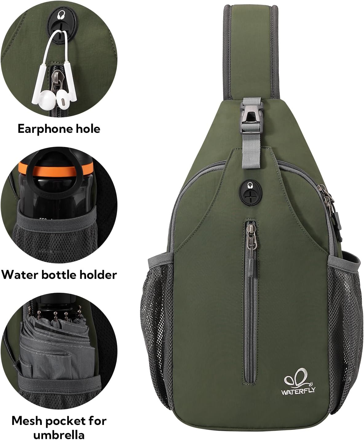 WATERFLY Crossbody Sling Backpack Sling Bag Travel Hiking Chest Bags Daypack (Dark Green) - Image 4