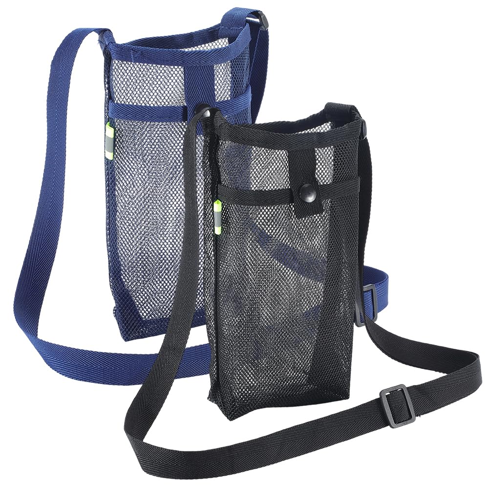 CREATCABIN 2Pcs Water Bottle Holder with Strap Portable Mesh Light Water Bottle Carrier Bag with Adjustable Shoulder Strap Pocket Easy Clean for Hiking Gym Camping Walking Travel 7.9x4.7in Black Blue