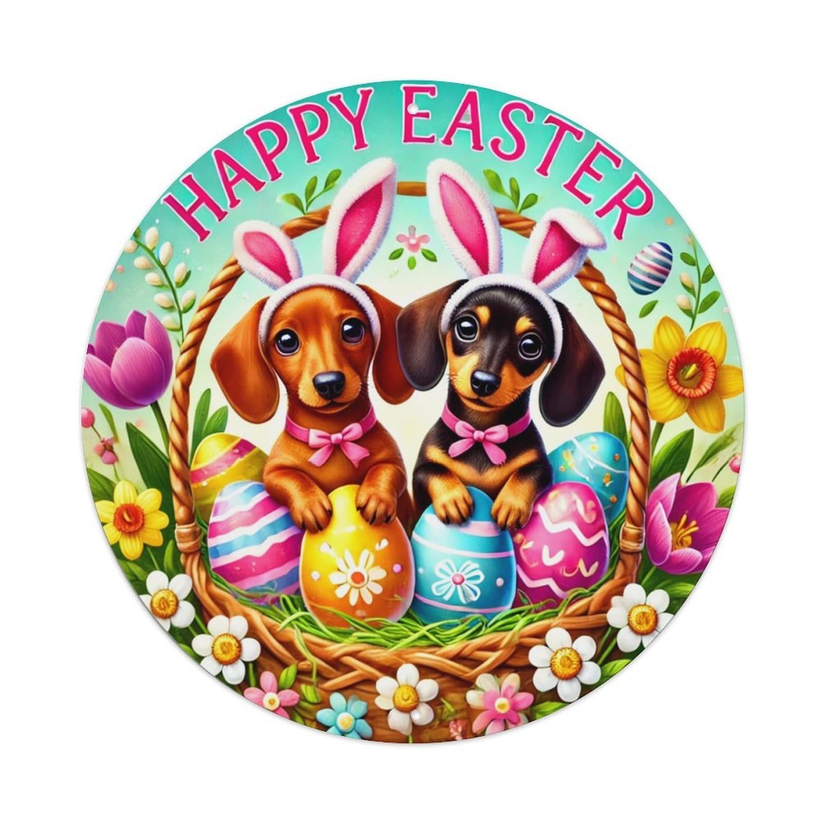 Jdyansheng Vintage Happy Easter Dachshund Bunny Basket Tin Sign Metal Poster Metal Signs For Home Man Cave Bar Cafe Kitchen Laundry Room Wall Decorations 8X8 Inches