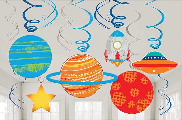 Amscan 672278 - Blast Off Birthday Space Party Hanging Swirl Decorations - 12 Pack