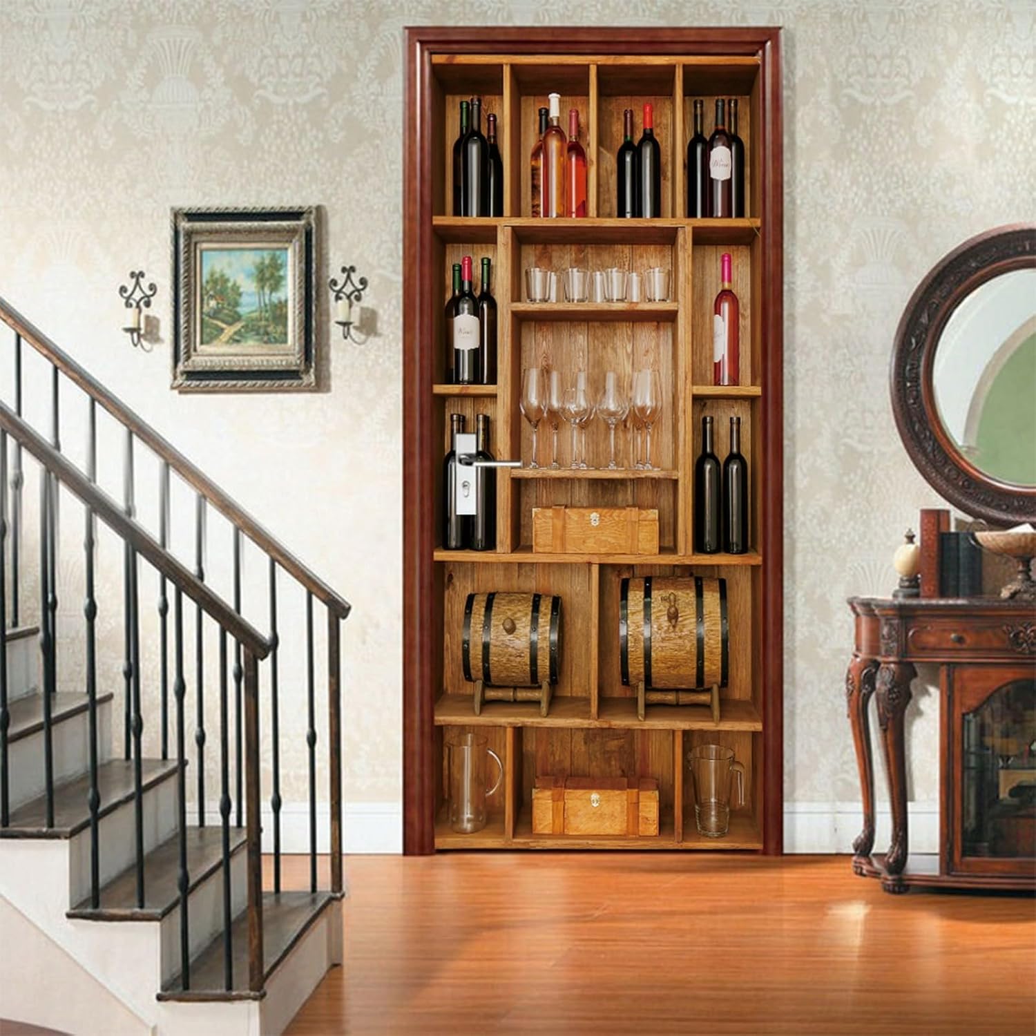 A.Monamour 3D Door Stickers for Interior Doors Wooden Storage Stand with Wine Bottles and Glasses Vinyl Waterproof Self Adhesive Door Mural Decals for Bedroom Office Bathroom 95x215cm