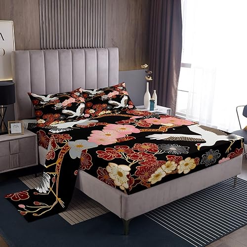 Miniatura 2 de Erosebridal Juego de sábanas japonesas Ukiyoe de flor de cerezo, tamaño Queen, diseño de pájaro de grulla blanca, sábana bajera ajustable con