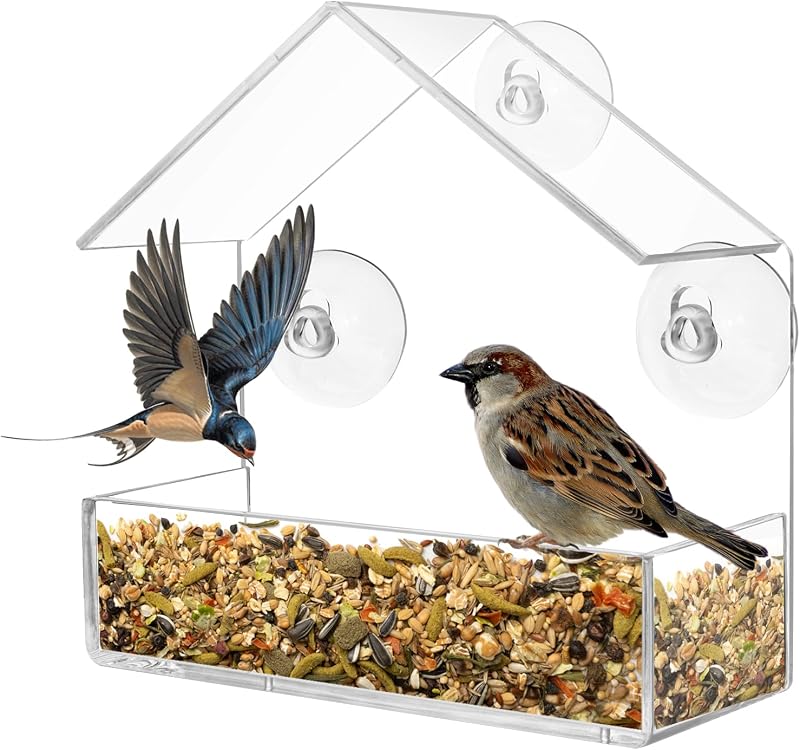 Comedero para Pájaros, Comedero Pajaros Ventana Transparente, Comedero para Pájaros Colgante con 3 Ventosas comedero para pájaros Exterior para jardín pájaros Silvestres 15.5 x 15 x 6cm