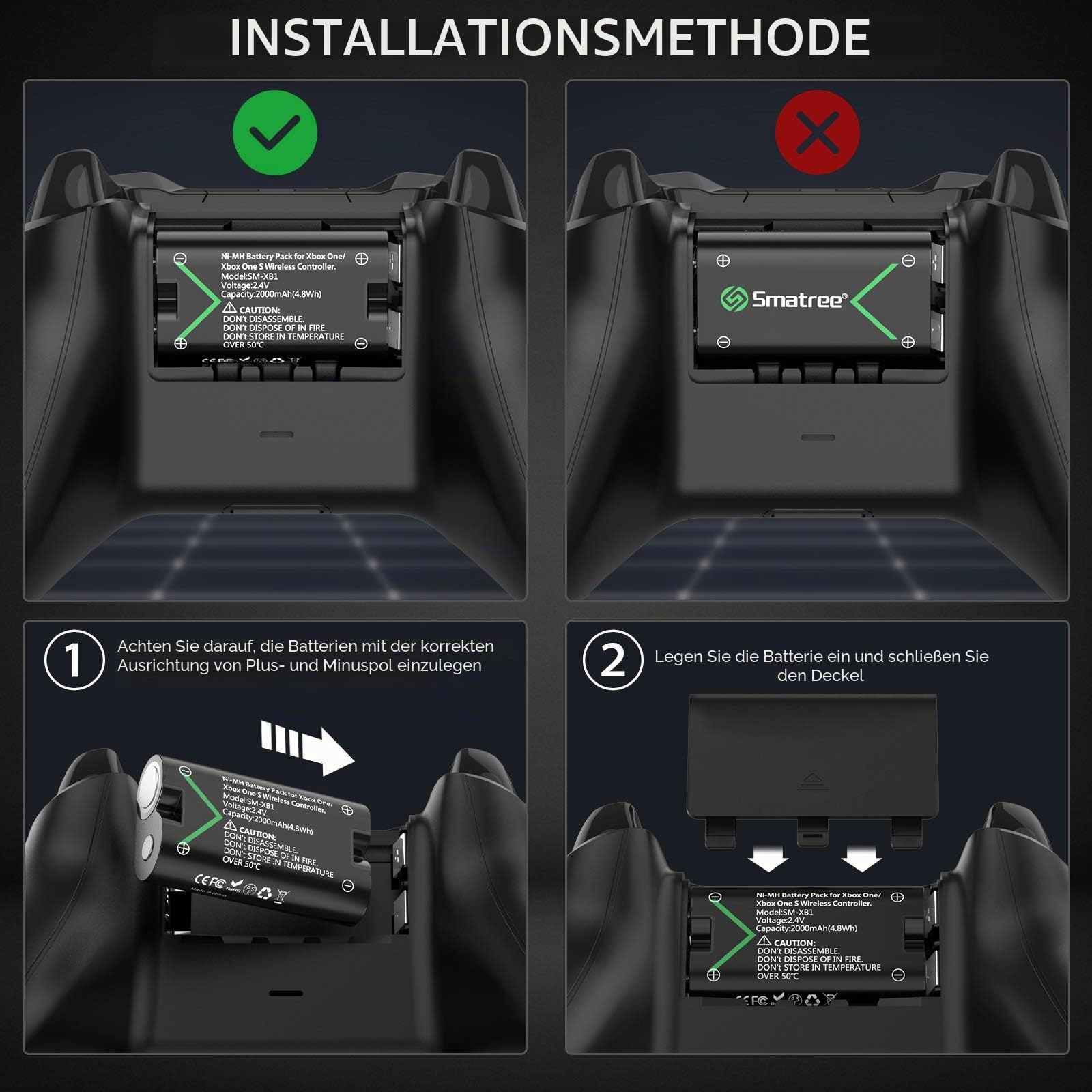 Smatree Wiederaufladbarer Akku für Controller Xbox Series X/Xbox Series S/Xbox One/Xbox One S/Xbox One X/Xbox Elite kabellos, 2000 mAh (3er-Pack) NI-MH Akkus und Ladegerät mit 2 Steckplätzen