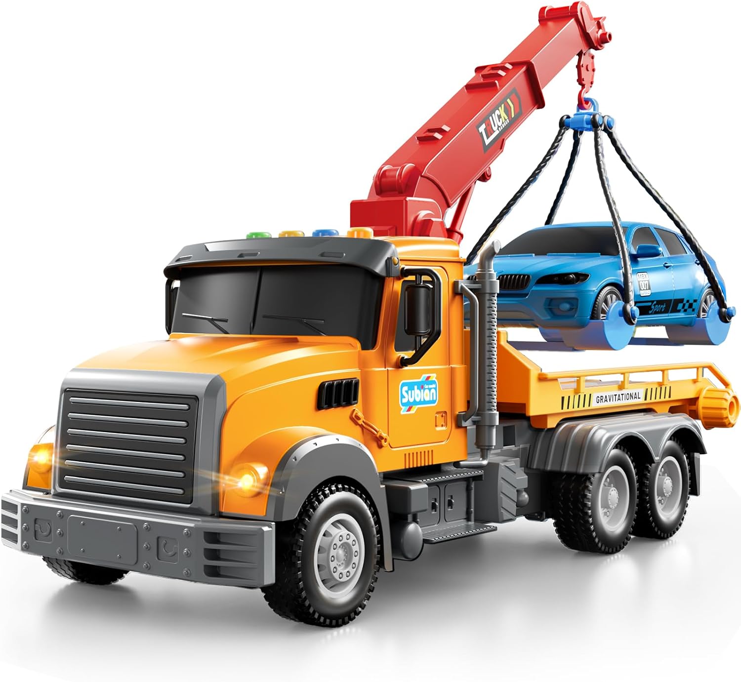 JUKUDAHU Tow Trucks for Toddlers 2-4 Years Old - Flatbed Truck Toy for Kids Aged 3-5 4-8,Friction Powered Transport Crane Toy with Light and Sound, Racing Car, Birthday Gifts for Boys Girls