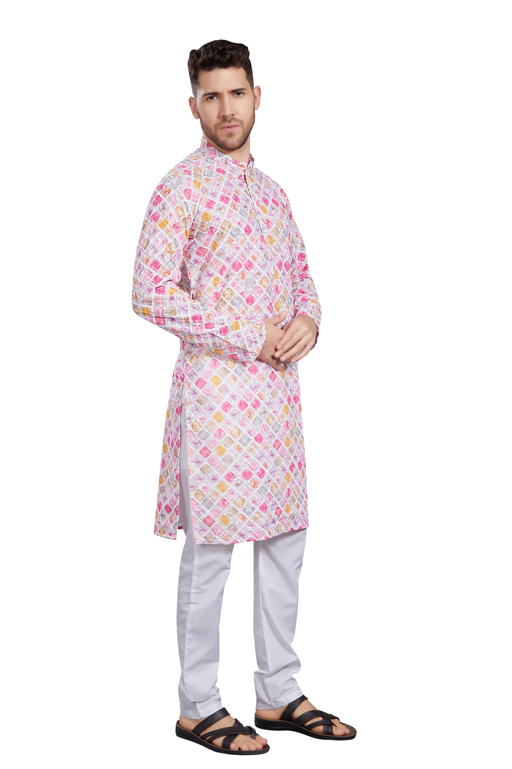 Divisive Men's Thread Embroidered Cotton Blend Only Slim Fit Kurta (Dkrt791_S_White - Pink)
