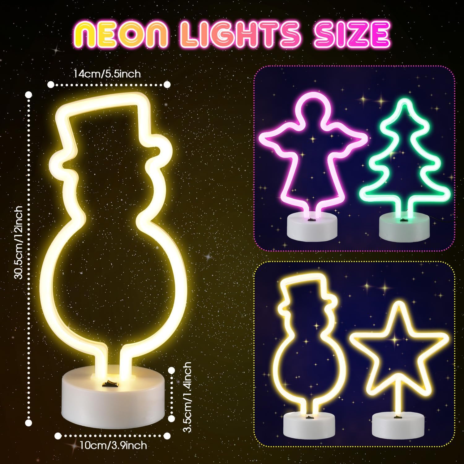 Baquler 4 Pcs Christmas Neon Light Tabletop LED Neon Sign with Holder Base Snowman Light up Night Lights Battery or USB Powered Holiday Decorations for Bedroom Party Supplies
