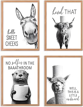 Funny Bathroom Wall Art Black and White Bathroom Signs Decor Rustic Donkey Cow Pictures Wall Decor Funny Animals Head on Tissue Paper Canvas Art Prints for Toliet Bedroom,Unframed,8x10inchx4pcs