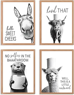 Funny Bathroom Wall Art Black and White Bathroom Signs Decor Rustic Donkey Cow Pictures Wall Decor Funny Animals Head on Tissue Paper Canvas Art Prints for Toliet Bedroom,Unframed,8x10inchx4pcs